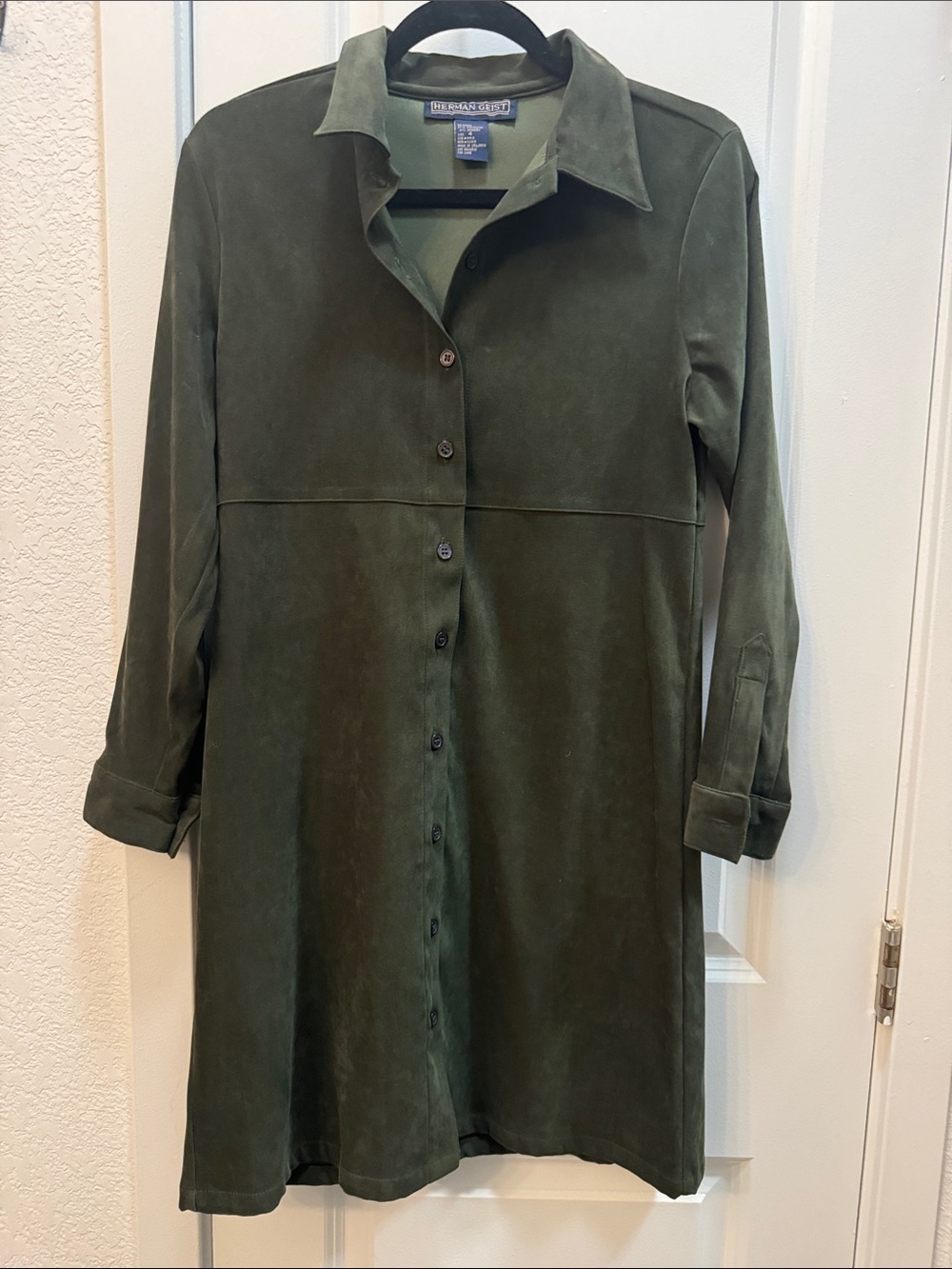 Herman Geist Olive Green Suede Button-Front Long Sleeve Dress